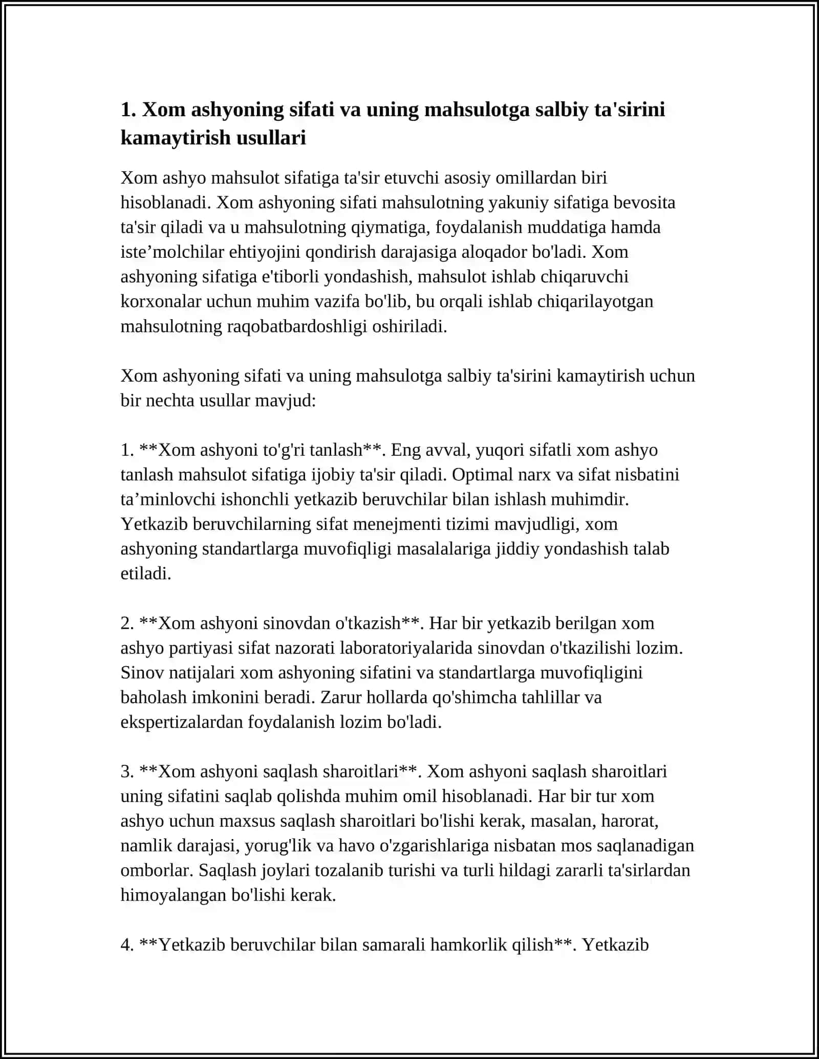 MAHSULOT SIFATIGA TA'SIR ETUVCHI OMILLAR VA ULARNING MAHSULOT SIFATIGA SALBIY TA'SIRINI KAMAYTIRISH USULLARI 4