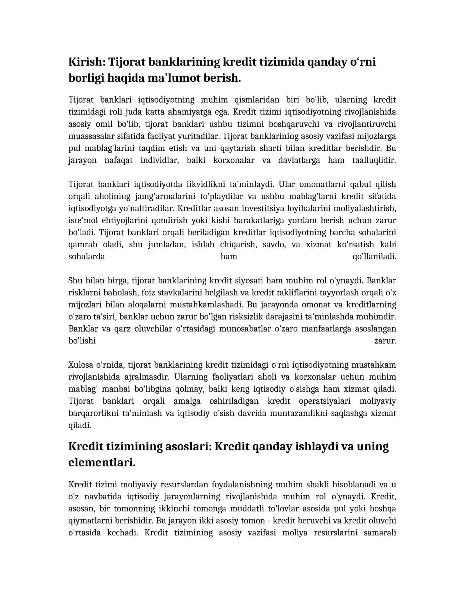 Tijorat banklarining kredit tizimidagi o‘rni, funksiyalari, turlari, operatsiyalari 4