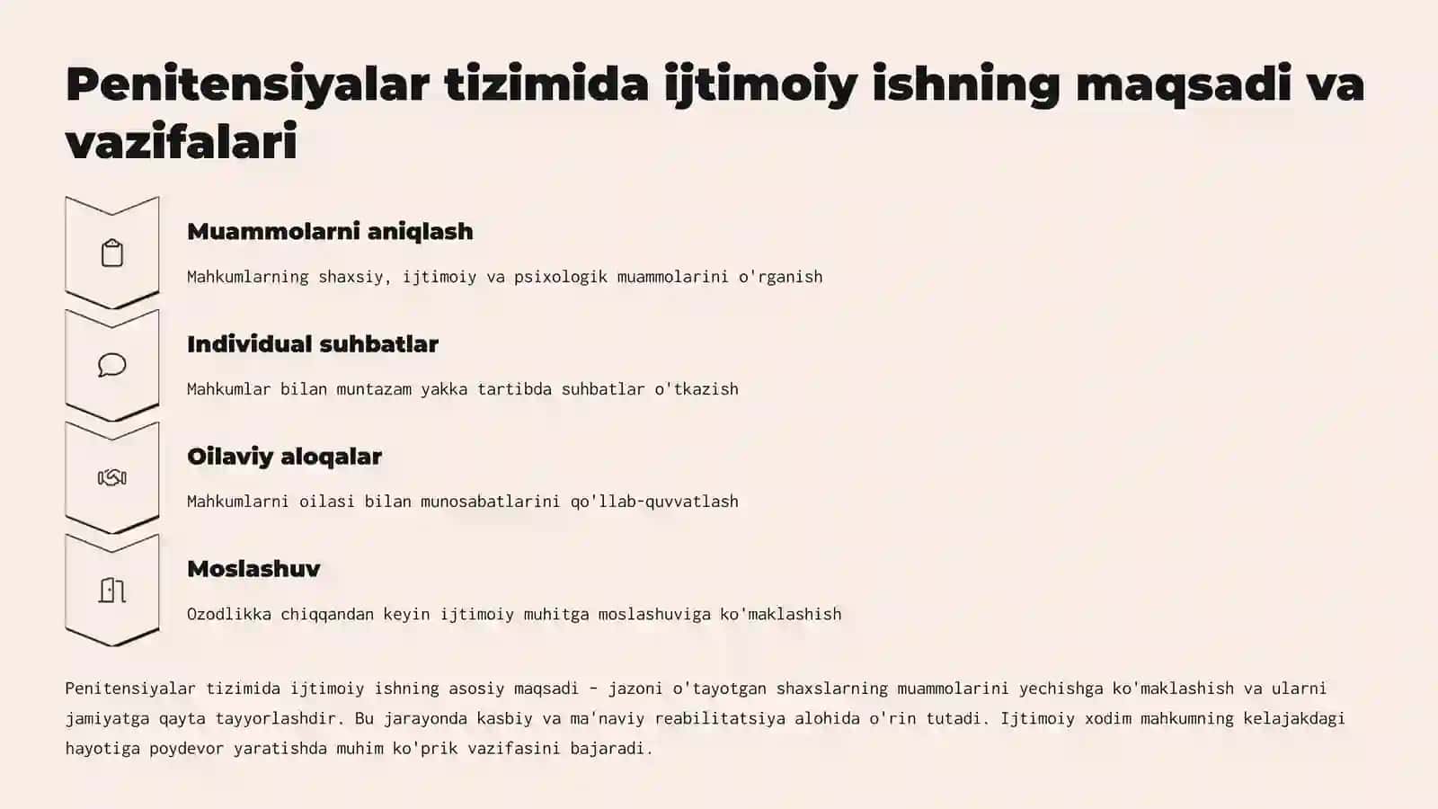 Penitensiyalar (qamoqxonada jazoni o‘tash muassasasi) ijtimoiy ishni tashkil qilish jarayonlari 4