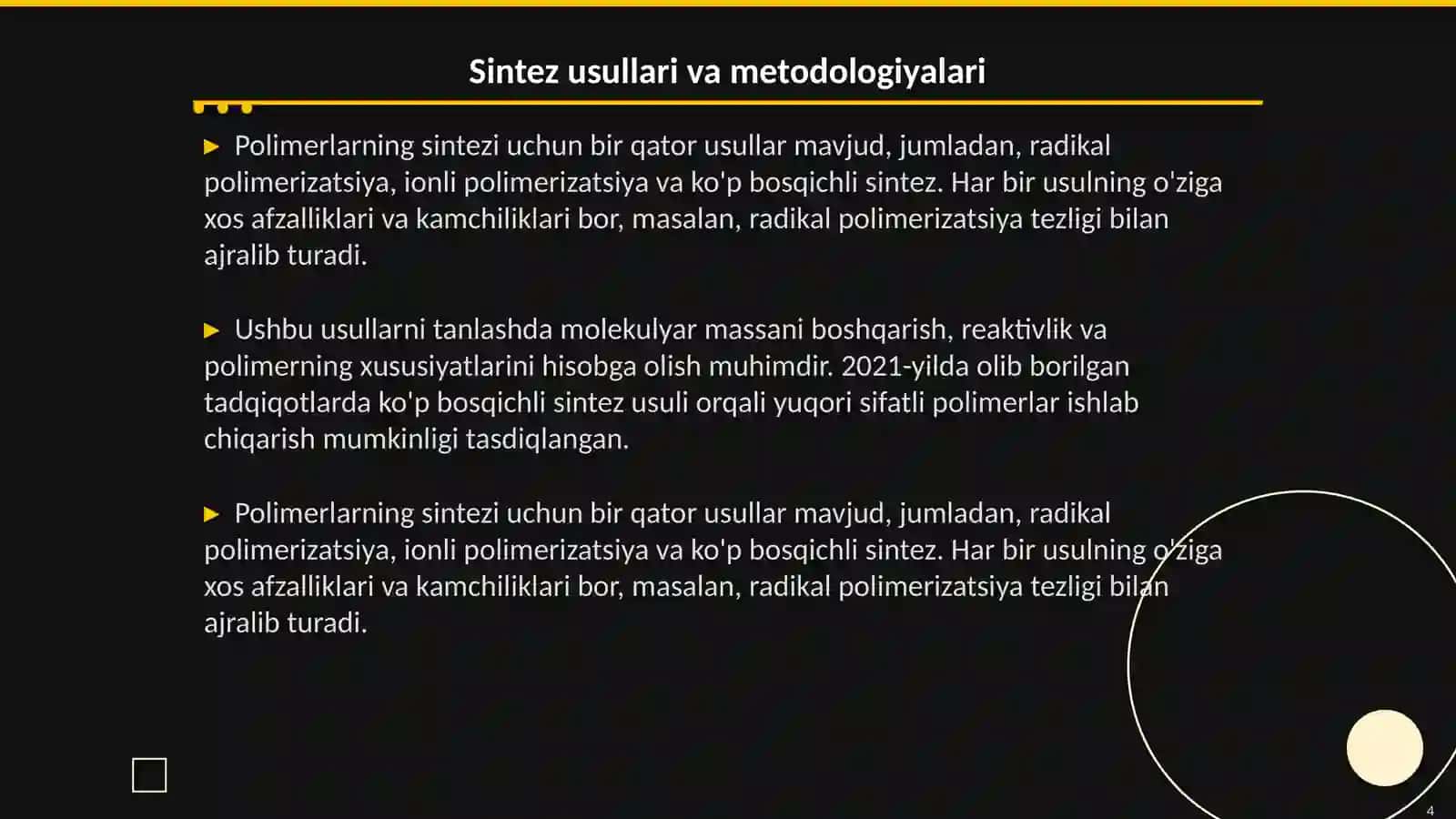 Molekulyar massalari boshgarilgan polimerlar sintezi va ulaming molekulyar-massaviy xarakteristikalari 4