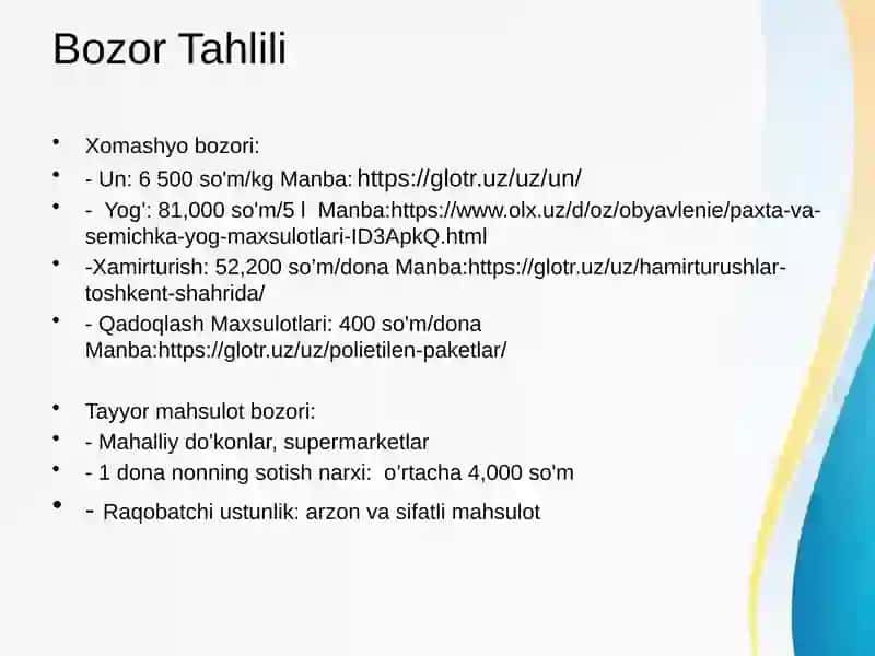 Biznes loyiha Non ishlab chiqarish orqali biznesga kirib borish va uni keyinchalik kengaytirish 4