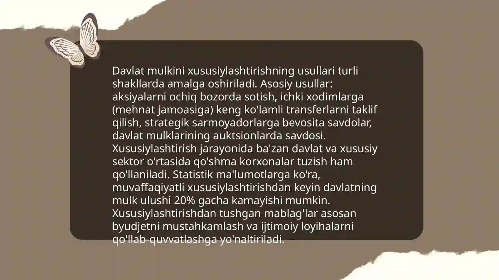 Mulkni davlat tasarrufidan chiqarish va nodavlat shakllariga o'tkazish jarayonlari 4