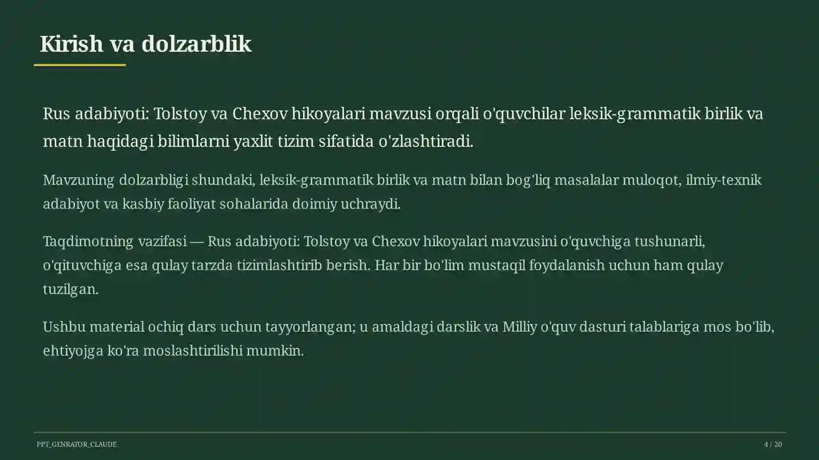 Rus adabiyoti: Tolstoy va Chexov hikoyalari (10-sinf) 4