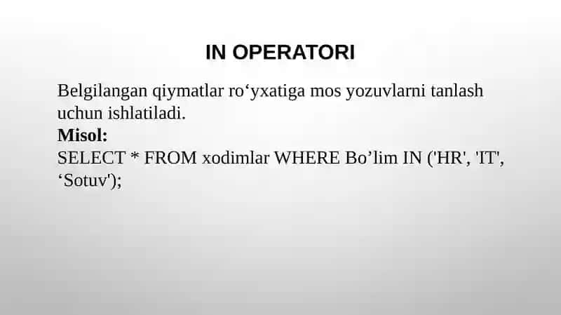 SQL da LIKE, IN, BETWEEN buyruqlari 4