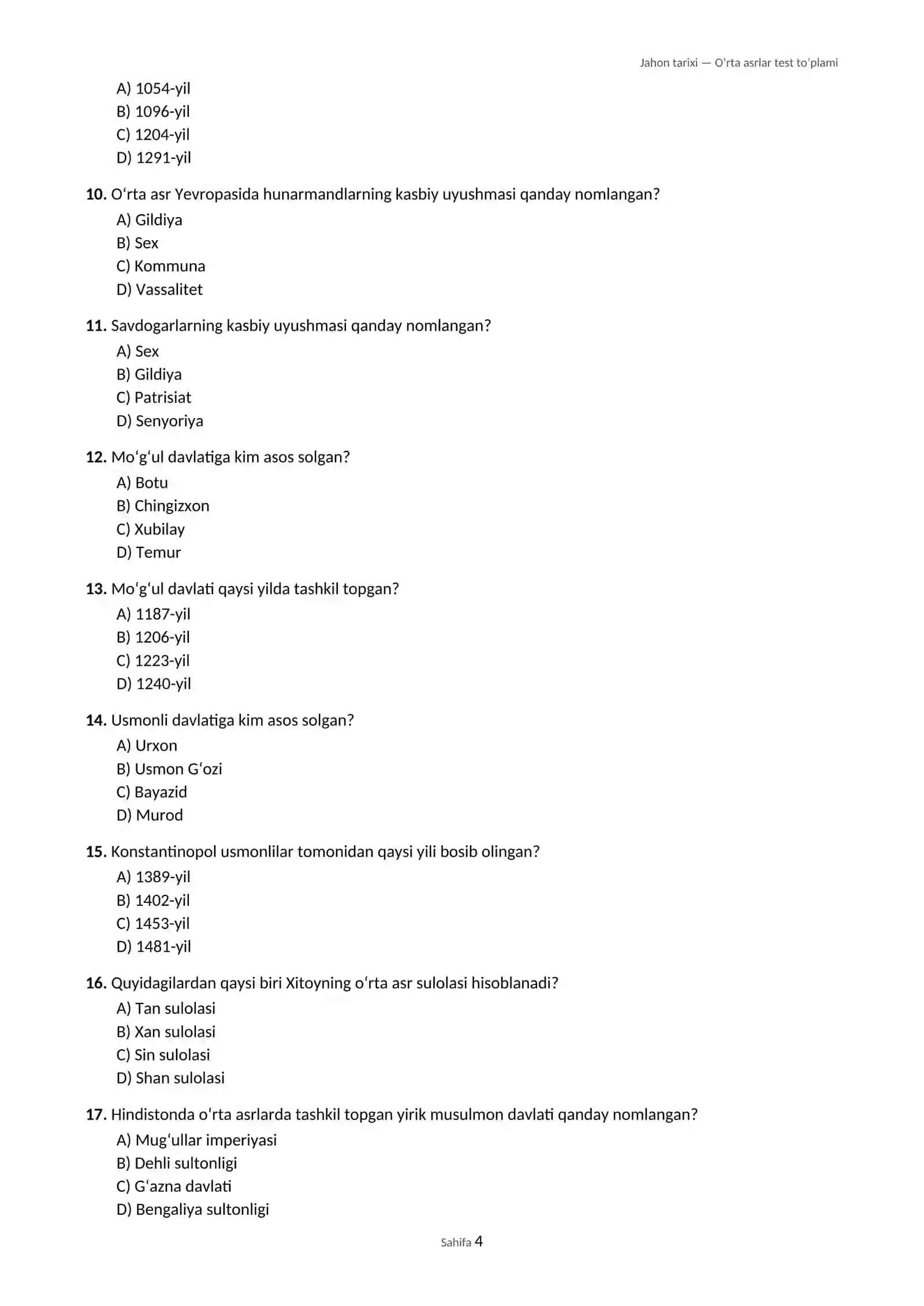 Jahon tarixi — Oʻrta asrlar davri boʻyicha test toʻplami (7-sinf) 4