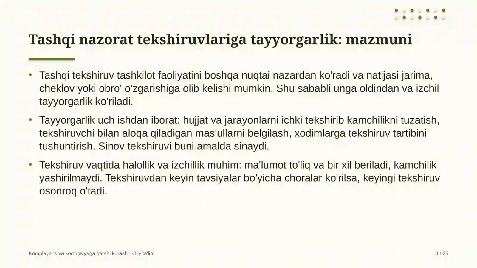 Dam olish maskanlarida komplayens bo'yicha tashqi nazorat tekshiruvlariga tayyorgarlik 4