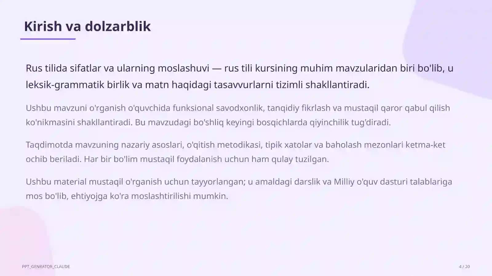 Rus tilida sifatlar va ularning moslashuvi (4-sinf) 4