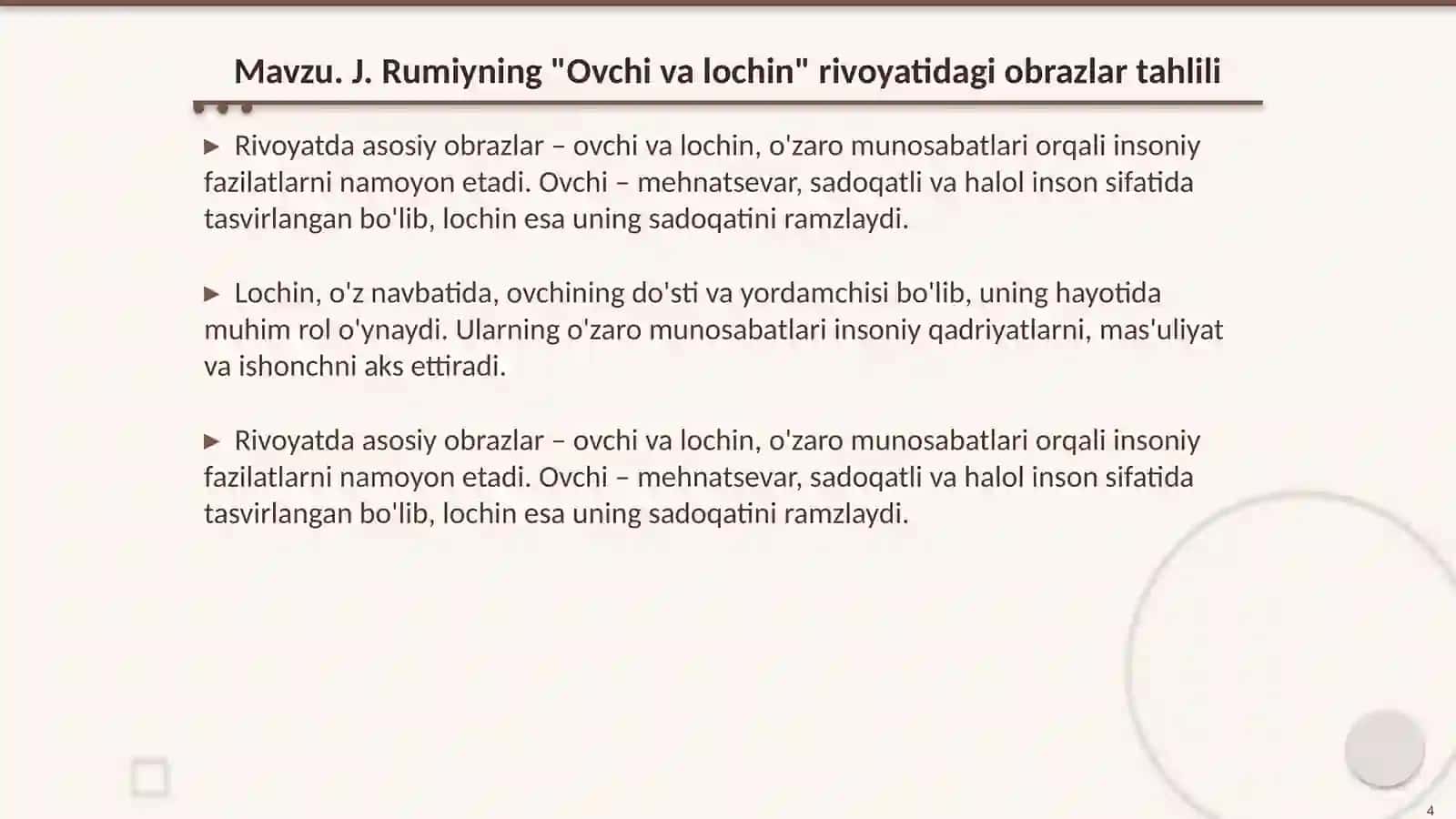 J. Rumiyning "Ovchi va lochin" rivoyati 4