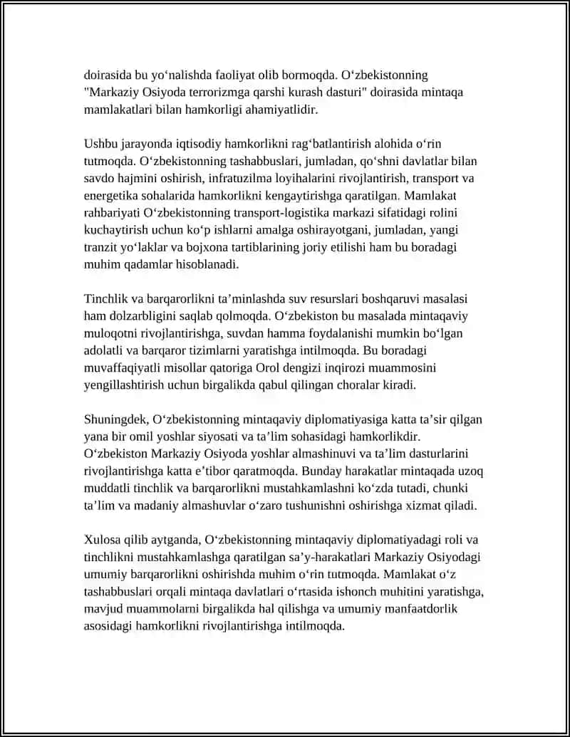O‘zbekistonning Markaziy Osiyoda Tinchlik va Barqarorlikni Ta’minlash 4