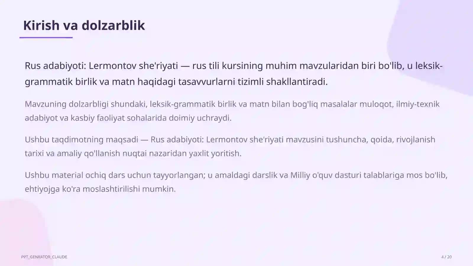 Lermontov she'riyati (9-sinf) 4
