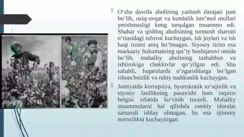 XX asr 80-yillari o'rtalarida respublikamizdagi ijtimoiy-siyosiy, iqtisodiy va ma'naviy hayotidagi inqirozli holat. 4