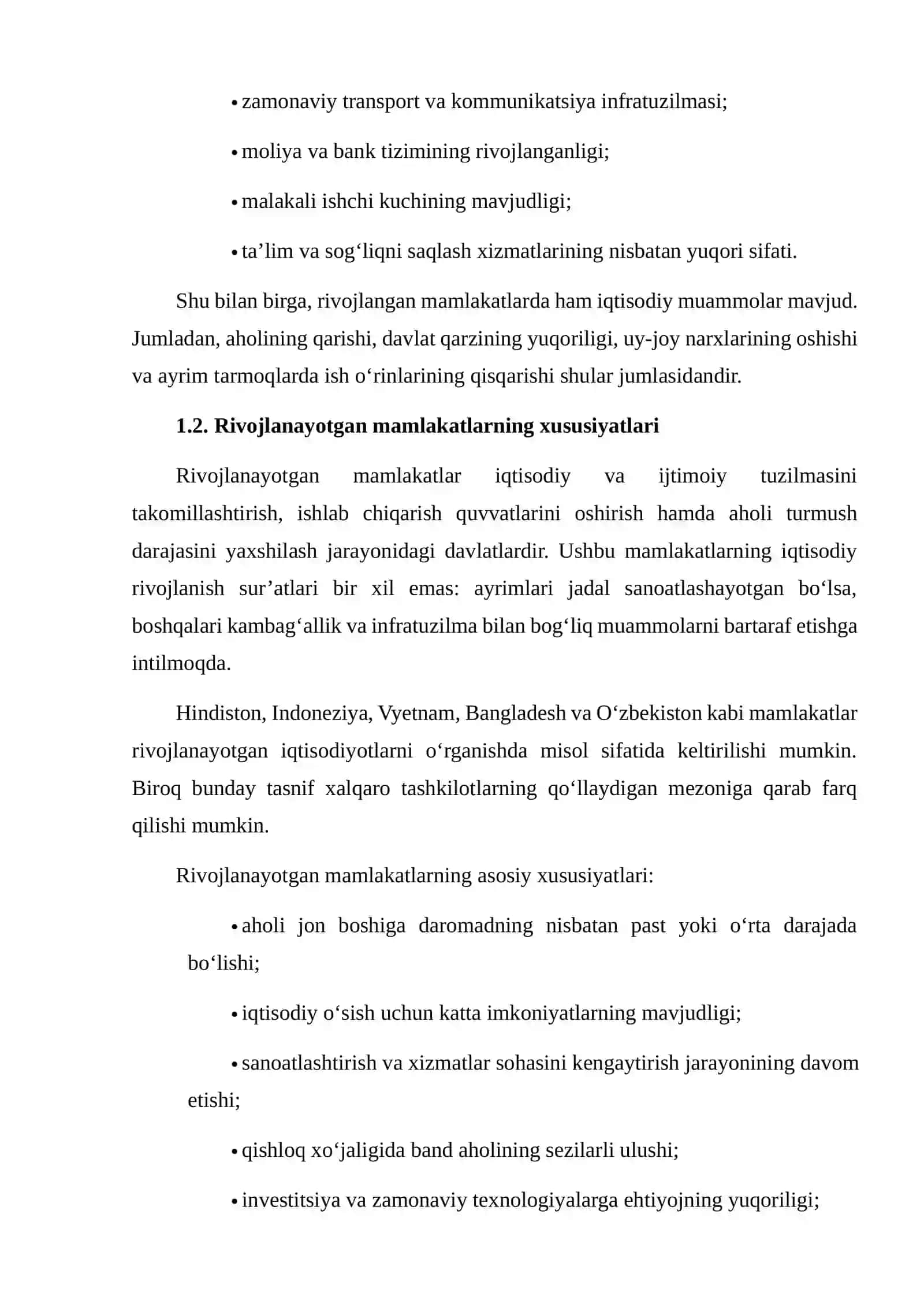 RIVOJLANGAN VA RIVOJLANAYOTGAN MAMLAKATLARNING IQTISODIY KO‘RSATKICHLARINI TAQQOSLASH 4
