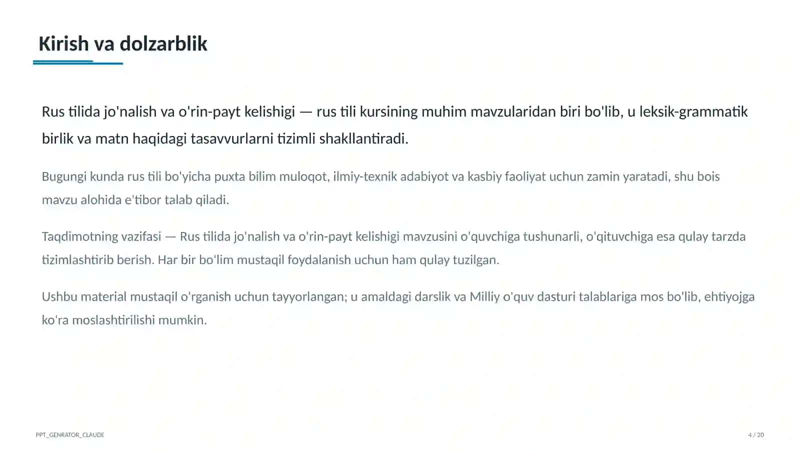 Rus tilida jo'nalish va o'rin-payt kelishigi (5-sinf) 4
