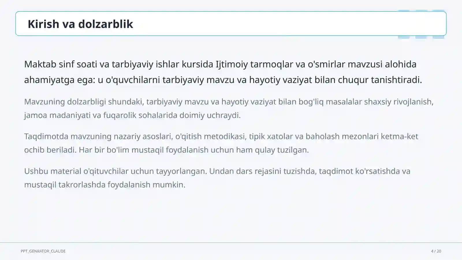 Sinf soati va tarbiyaviy tadbirlar (1–11) — o'qituvchilar uchun 4
