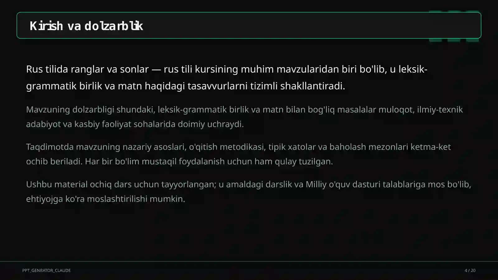 Rus tilida ranglar va sonlar (2-sinf) 4
