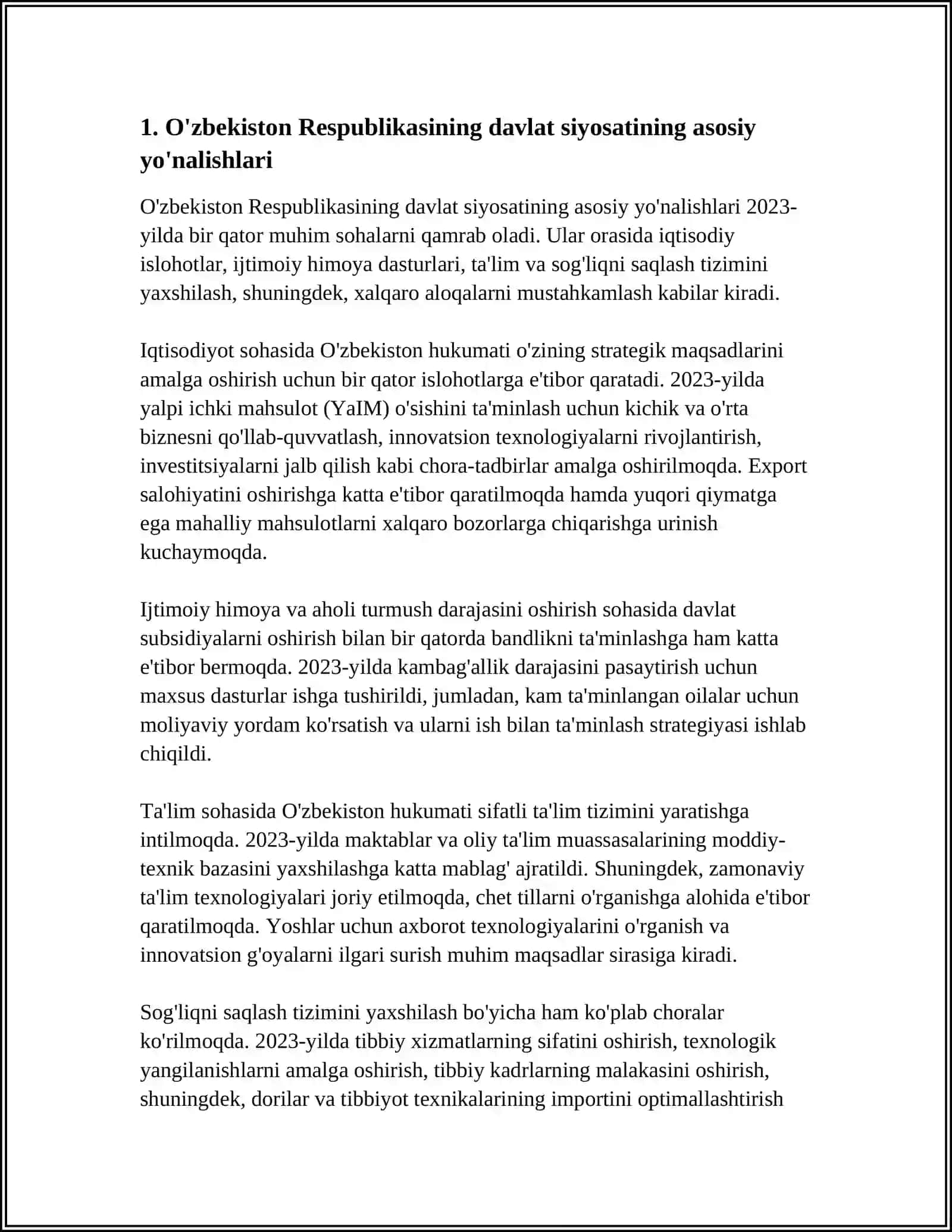 O'ZBEKISTON RESPUBLIKASINING SIFAT SOHASIDA DAVLAT SIYOSATINING MAZMUNI VA MILLIY KONSEPSIYASI 4