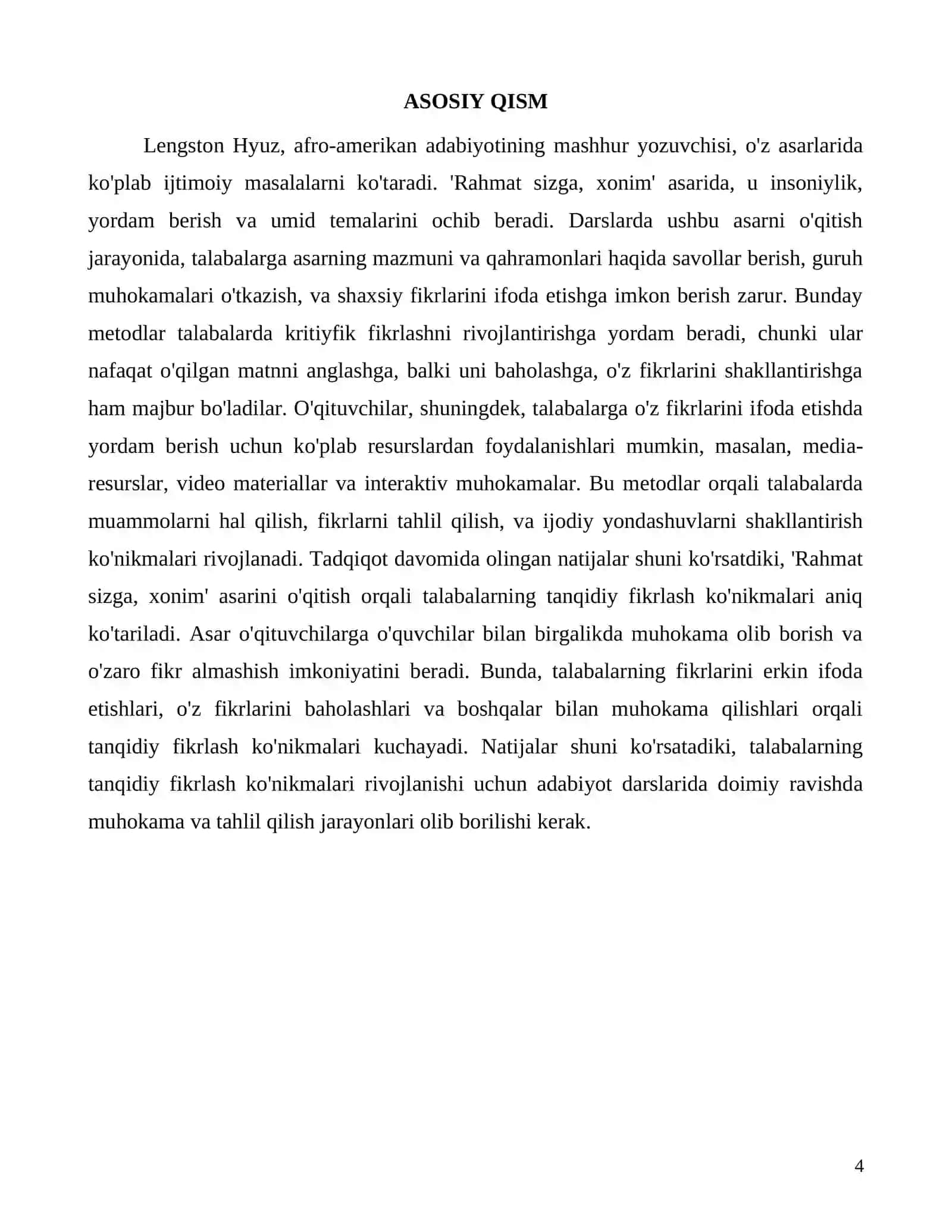 Lengston Hyuzning 'Rahmat sizga, xonim' asarini o'qitish orqali tanqidiy fikrlashni rivojlantirish 4