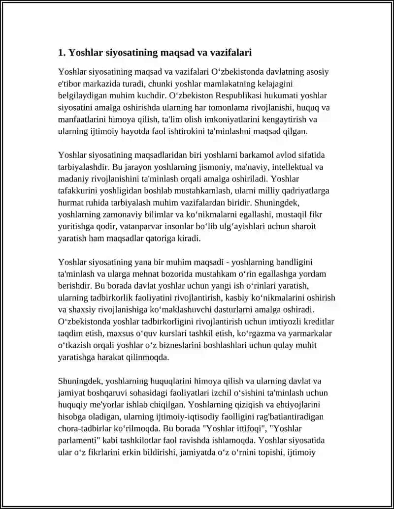 O'ZBEKISTONDA YOSHLAR SIYOSATI VA UNING AHAMIYATI.BARKAMOL AVLODNI TARBIYALASHNING ASOSIY YO'NALISHLARI 4