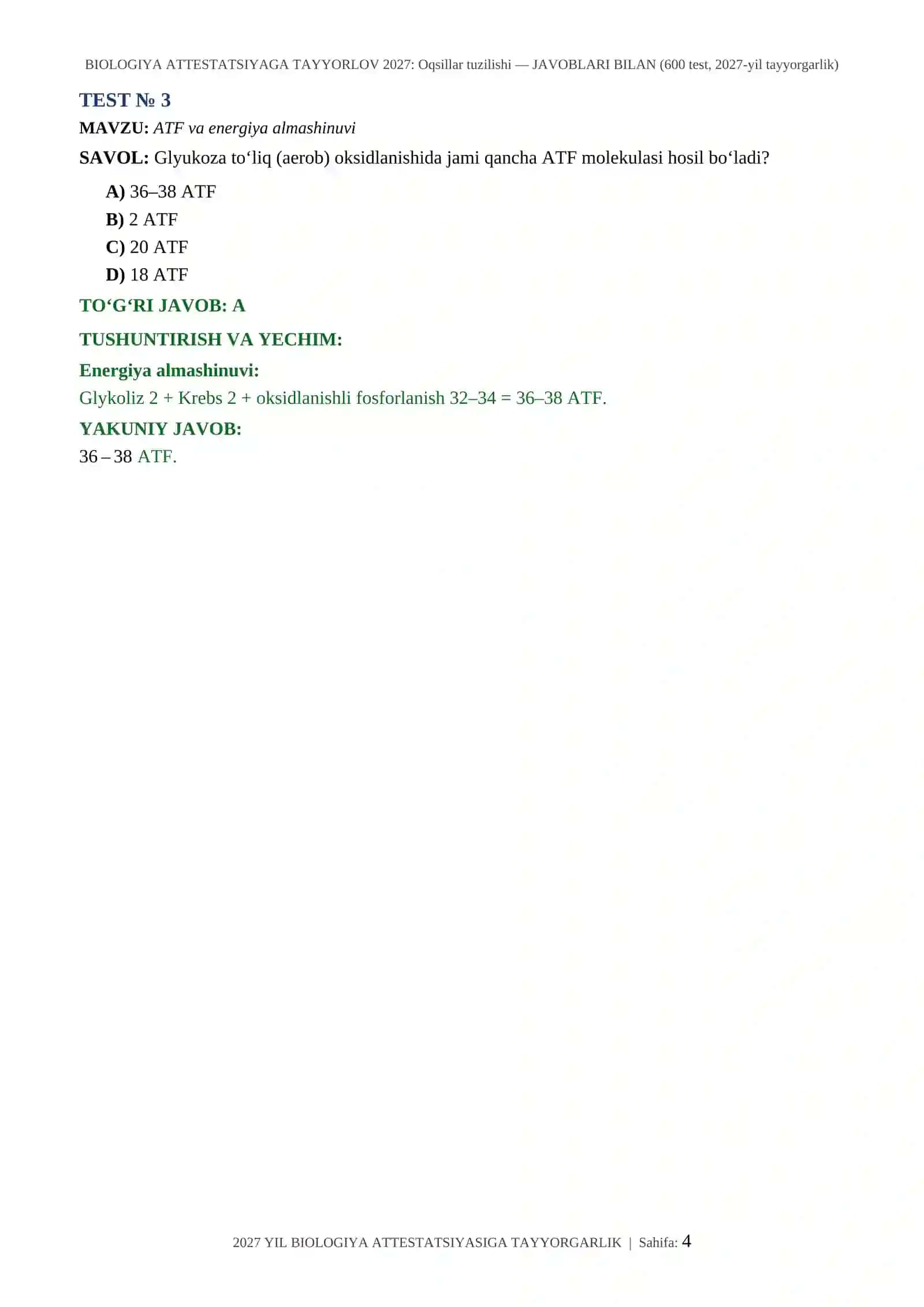 BIOLOGIYA ATTESTATSIYAGA TAYYORLOV 2027: Oqsillar tuzilishi — JAVOBLARI BILAN (600 test, 2027-yil tayyorgarlik) 4