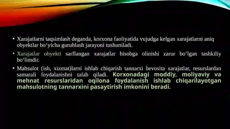 Mahsulot tannarxini kalkulyatsiya qilish va xarajatlarni hisobga olish boshqaruv hisobi 4