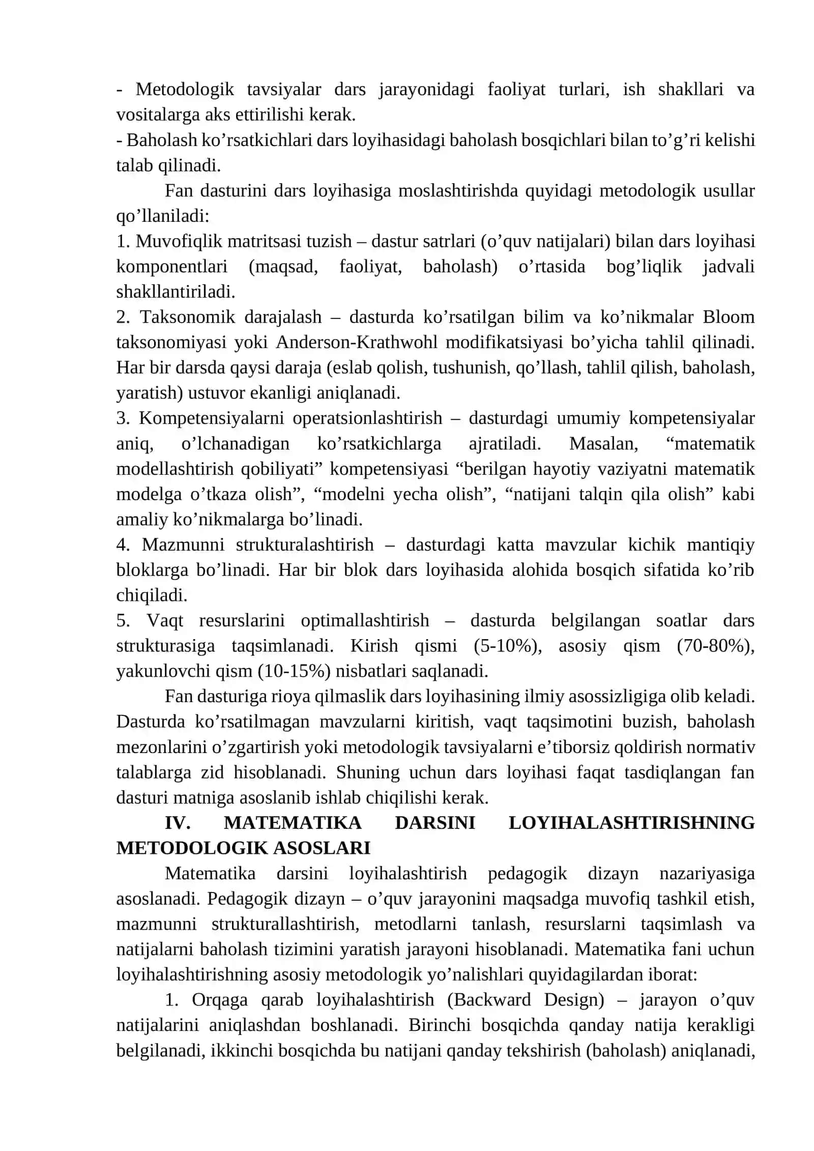 MATEMATIKA DARSINI LOYIHALASHTIRISH: DAVLAT TA’LIM STANDARTLARI VA FAN DASTURIGA MOS REJALASHTIRISH 4