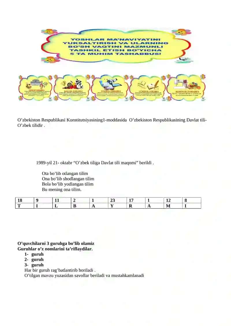 3-sinf uchun Ona tili fanidan “Ona tilim jonu dilim” deb nomlangan bir soatlik dars ishlanmasi 4