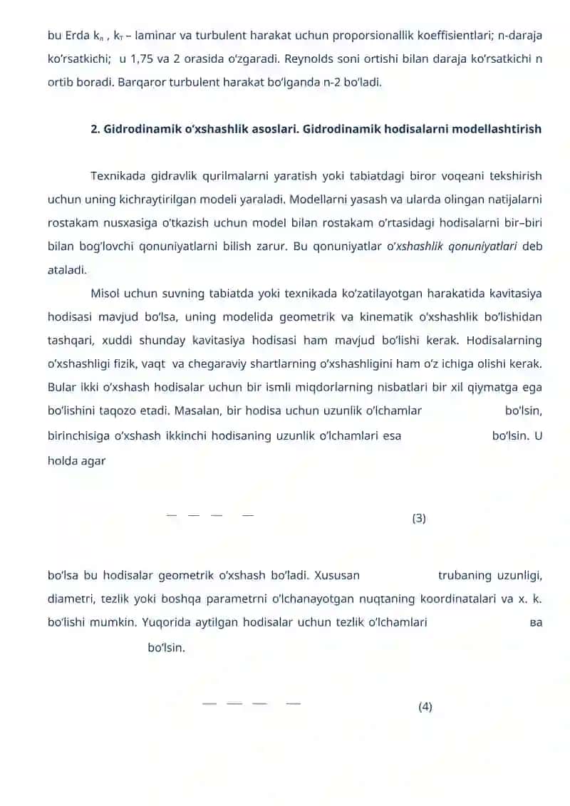 Suyuqlik harakatining tartiblari va gidrodinamik o’xshashlik asoslari 4