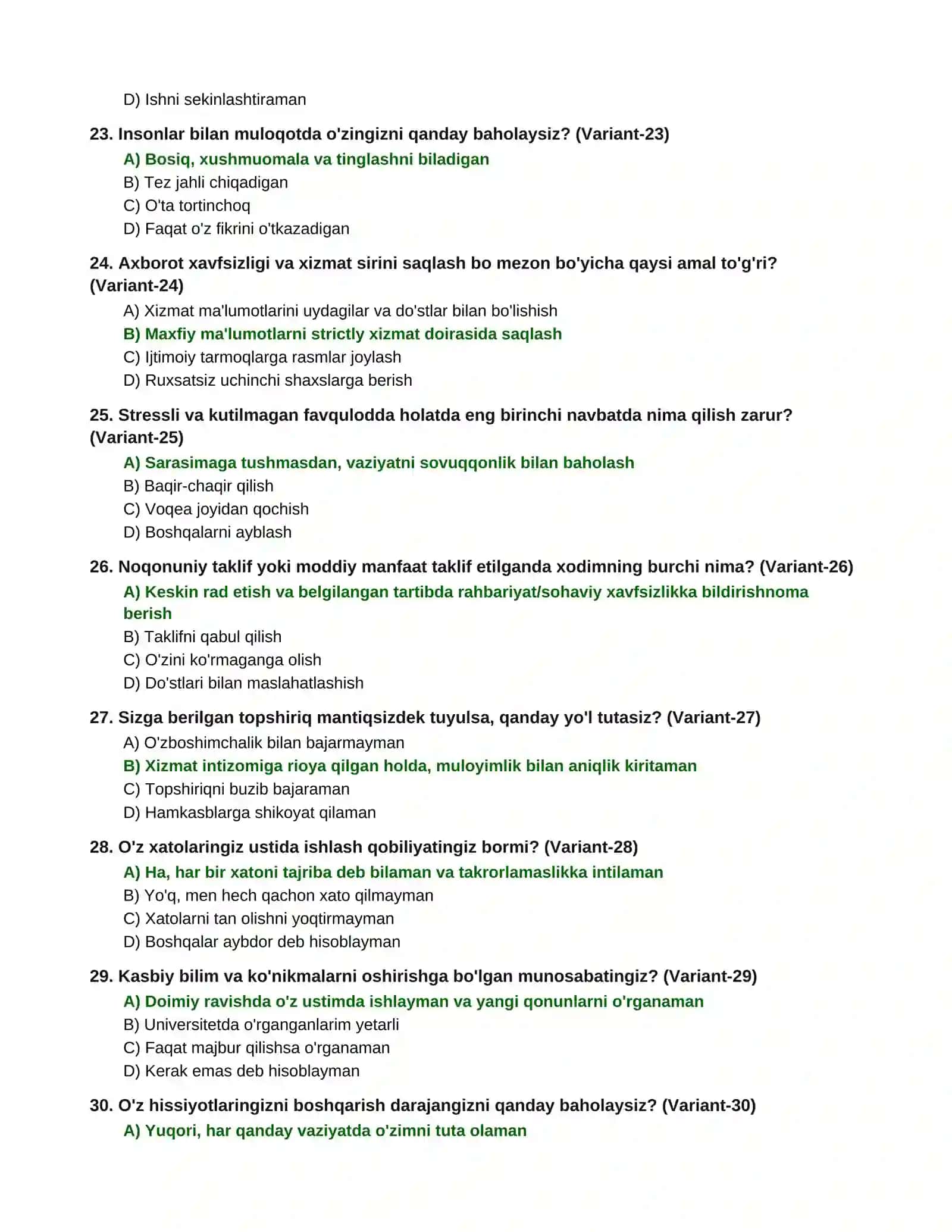 Bojxona xizmati psixologik test savollari va javoblari (86 ta) 4