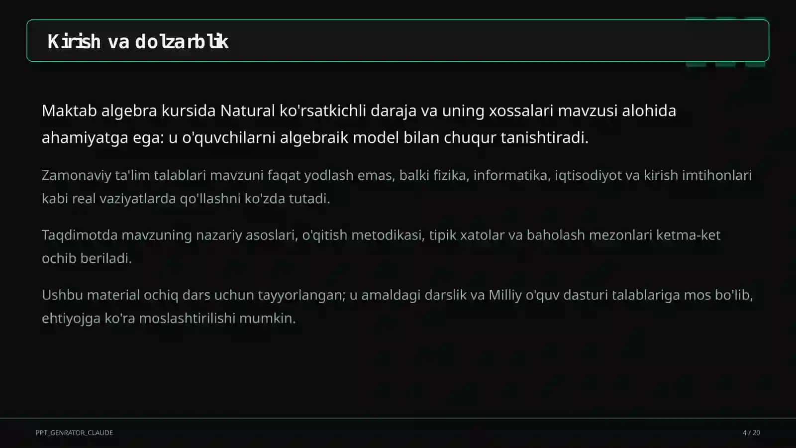Natural ko'rsatkichli daraja va uning xossalari (7-sinf) 4
