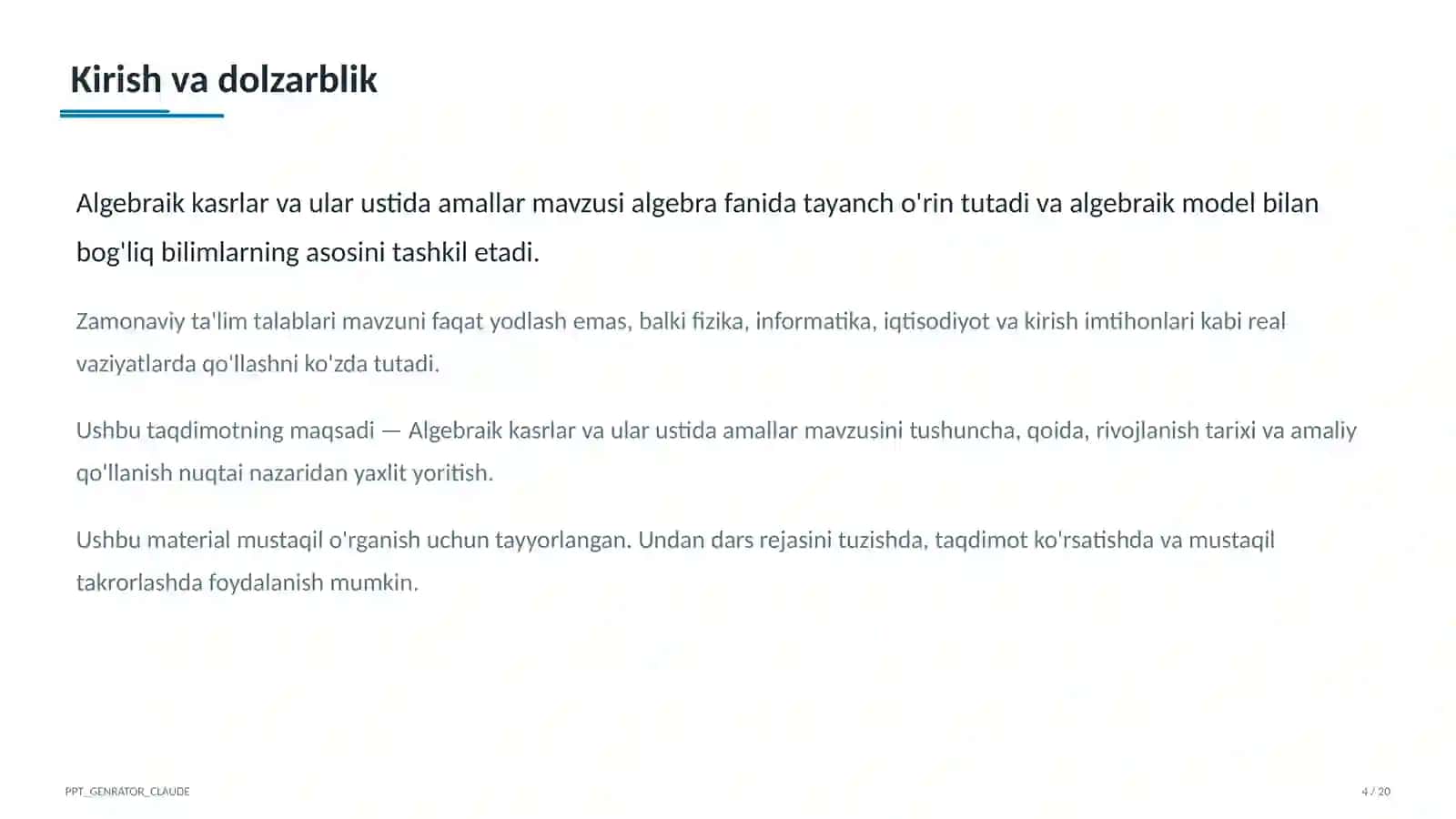 Algebraik kasrlar va ular ustida amallar (8-sinf) 4