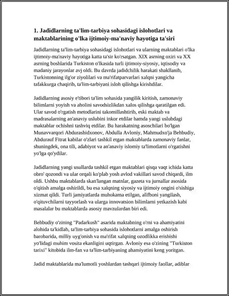 JADID MA'RIFATPARVARLARINING O'LKA IJTIMOIY MA'NAVIY HAYOTIDA TUTGAN O'RNI (MUNAVVARQORI, FITRAT, BEHBUDIY, AVLONIY VA BOSHQALAR) 4