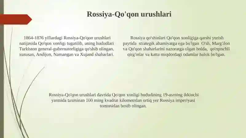 Rossiya imperiyasining Markaziy Osiyoda o'rnatgan hukmronligi 4