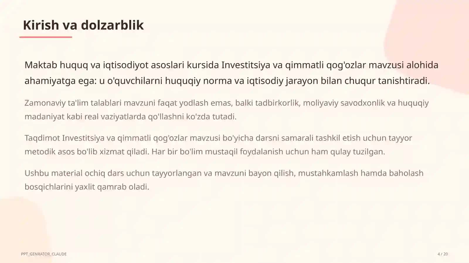 Huquq va iqtisodiyot asoslari (9–11) — ochiq dars uchun 4