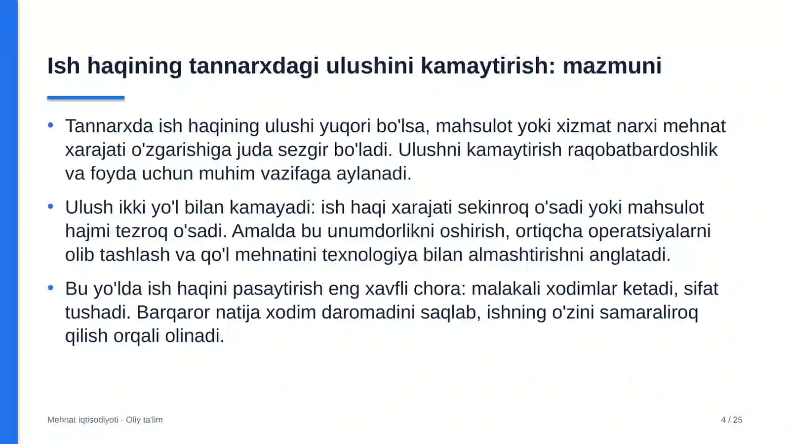 Madaniyat va istirohat bog'larida ish haqi xarajatlarining mahsulot tannarxidagi ulushini kamaytirish 4