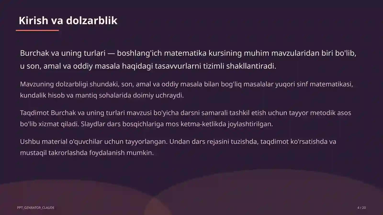 Burchak va uning turlari (4-sinf) 4