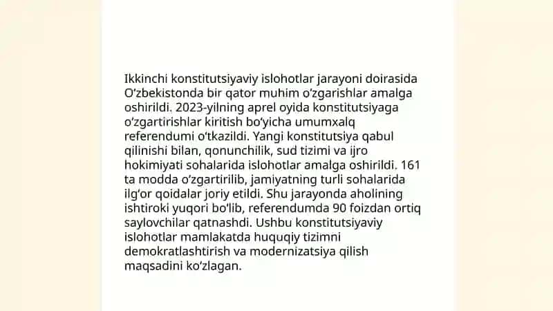 Yangi Tahrirdagi Oʻzbekiston Respublikasi Konstitutsiyasining umumxalq tomonidan qabul qilinishi (2023 y.30 aprel)va uning mazmuni 4