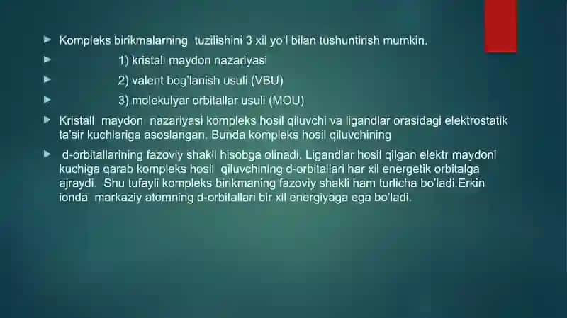KOMPLEKS BIRIKMALARNING IZOMERYASI MARKAZIY IONNING LIGANT BILAN ELEKTRO STATIK TA`SIRLASHUVI 4