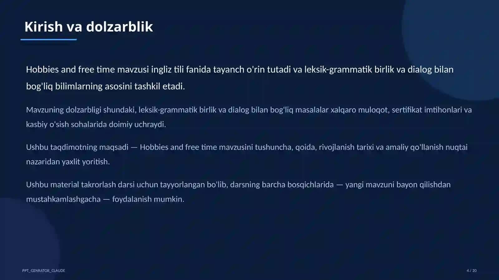 Hobbies and free time (5-sinf) Ingliz tili (1–11) — takrorlash darsi uchun 4