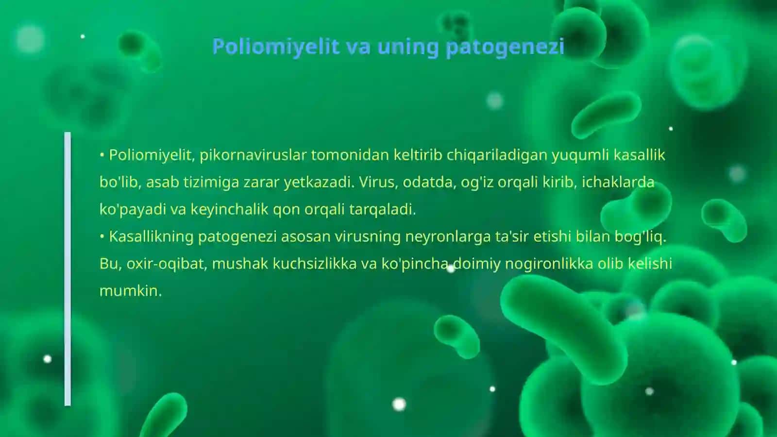 Pikornaviruslar (poliomiyelit). Rabdoviruslar (qutirish). Najas, og'iz orqali yuquvchi gepatit A va E viruslarining. Virusologik diagnostikasi va profilaktikasi.Har birining morfologiyasi,odamda patogenezi, labaratoriya tashxisi usullari kengroq va davolash profilaktikasi Fan: Mikrobiologiya 4