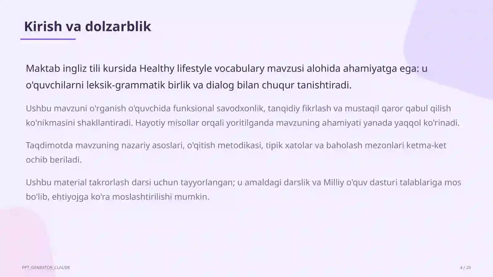 Healthy lifestyle vocabulary (7-sinf) 4