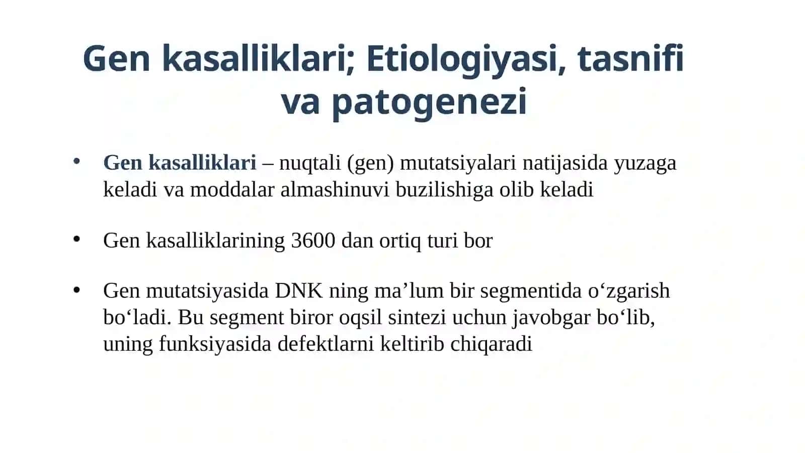 GEN KASALLIKLARI. MUKOVITSIDOZ. TUG’MA GIPOTIREOZ. MARFAN SINDROMI. GEN KASALLIKLARINI DAVOLASH 4