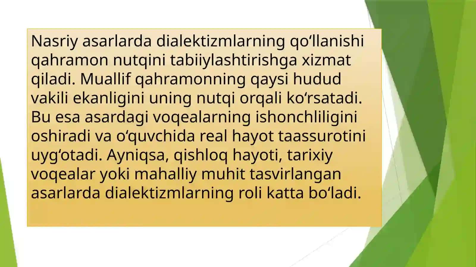 Nasriy asarlarda qo‘llangan dialektizm turlarini (fonetik, leksik, morfologik dialektizmlar) aniqlash va izohlash 4