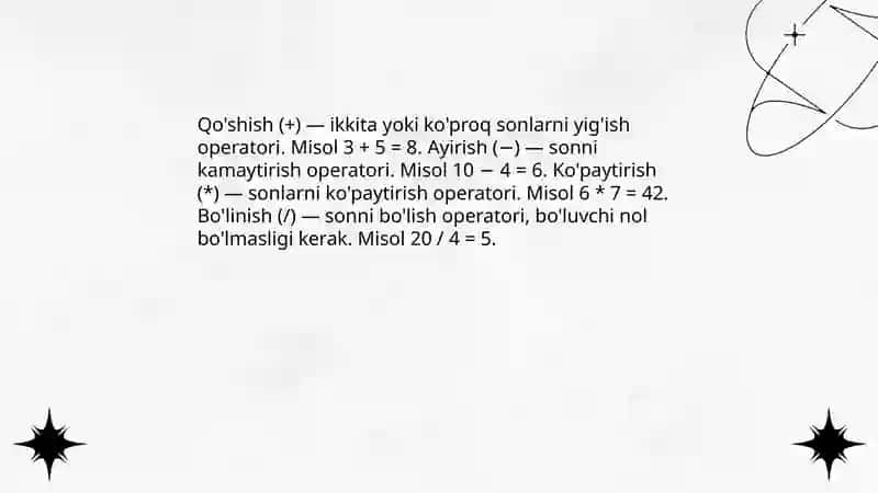 Dastulash fani: Arifmetika operatorlar. Math kitobxonasi. 4