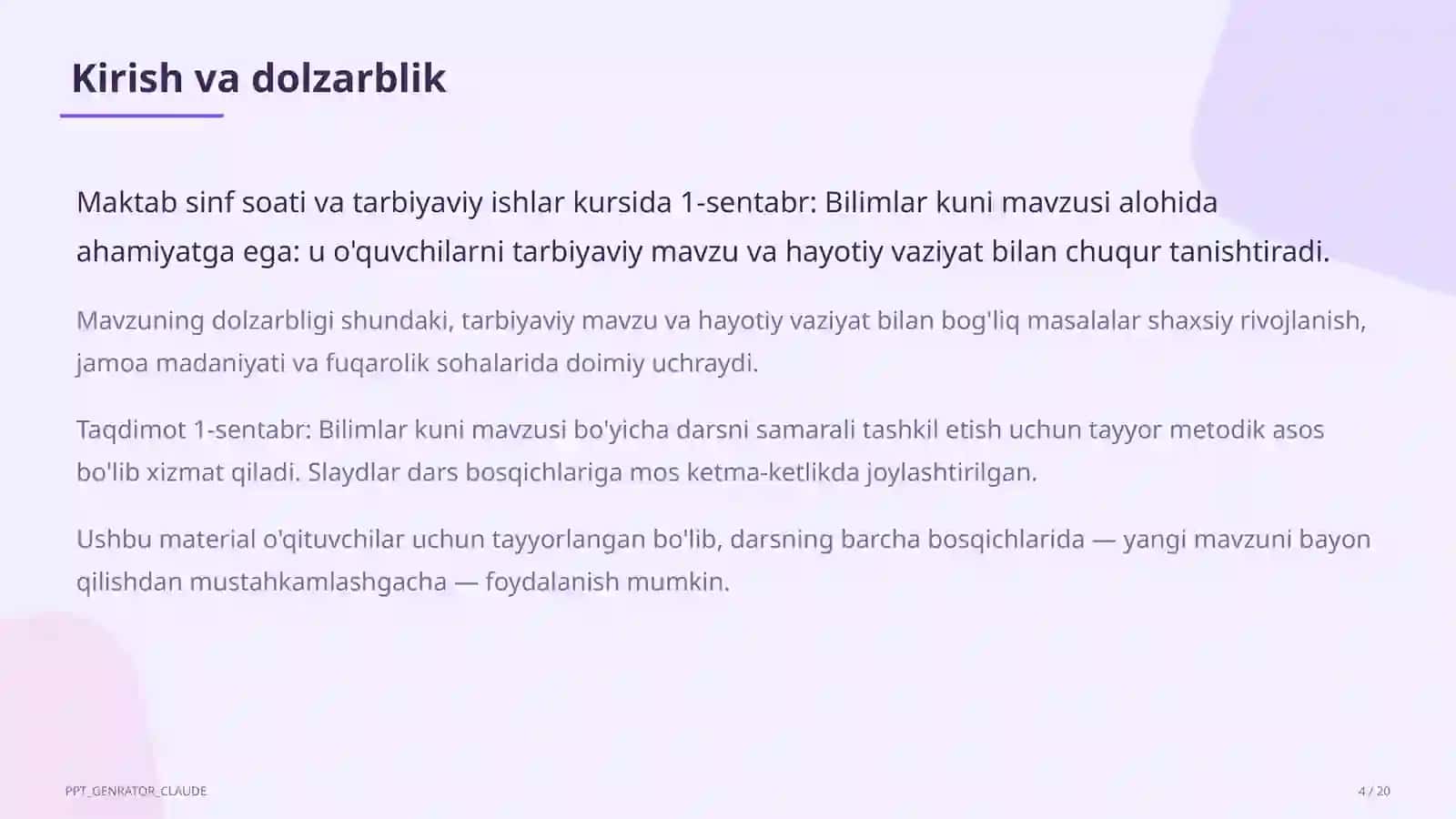 Sinf soati va tarbiyaviy tadbirlar (1–11) — o'qituvchilar uchun 4