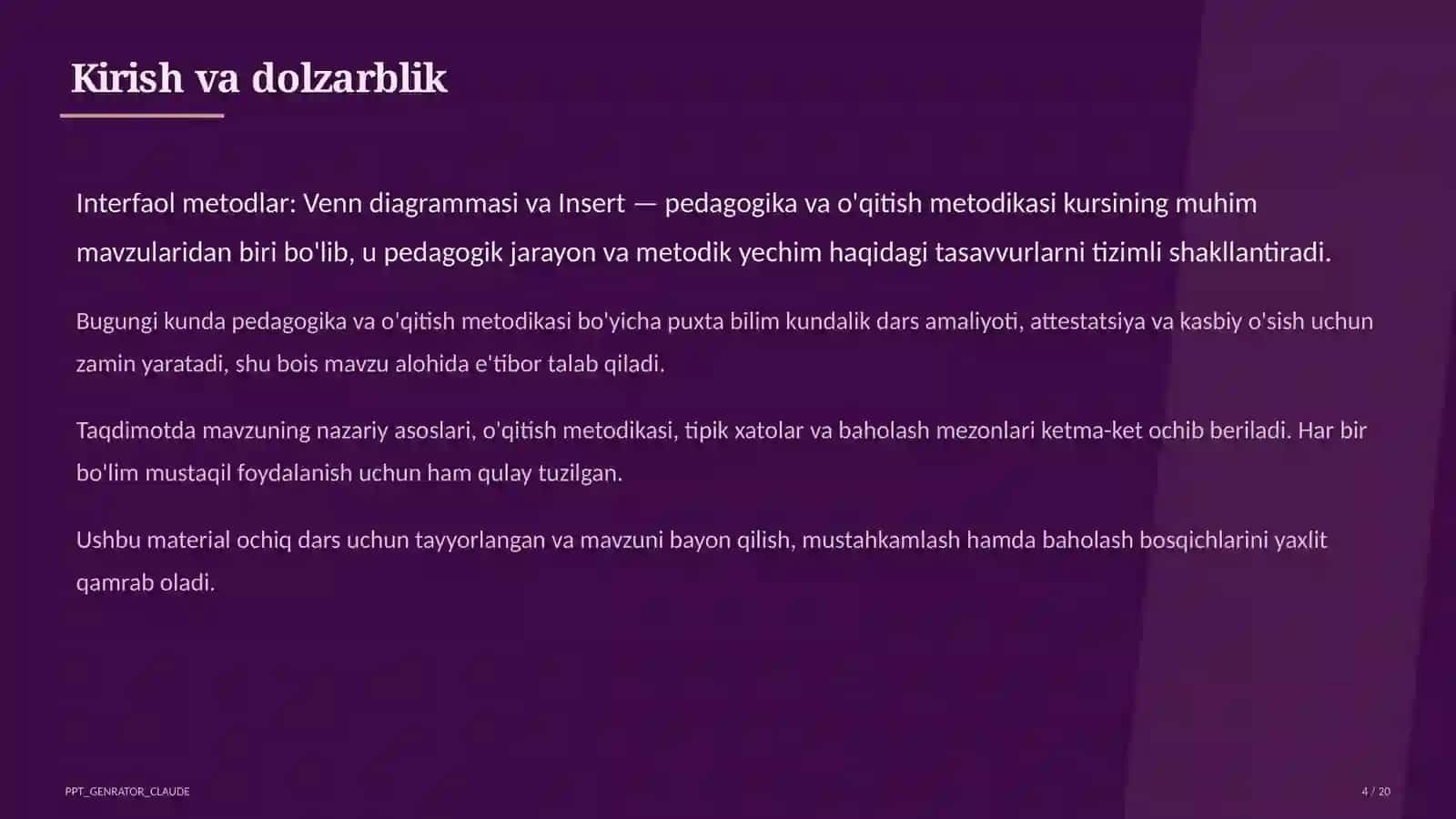 Interfaol metodlar: Venn diagrammasi va Insert 4