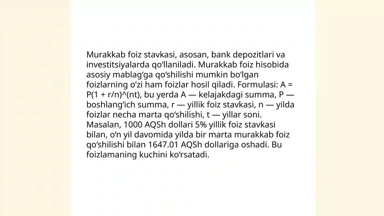 Moliyaviy menejer faoliyatida oddiy va murakkab foiz stavkalaridan foydalanish 4