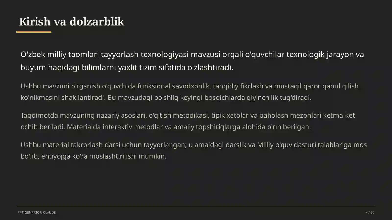 O'zbek milliy taomlari tayyorlash texnologiyasi (6-sinf) 4