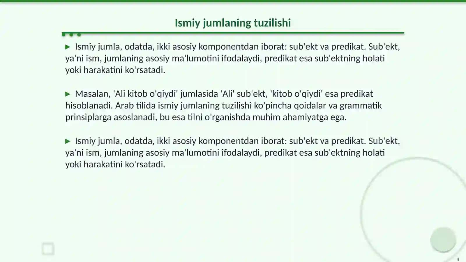 Arab tilida ismiy jumla va uning xususiyatlari 4