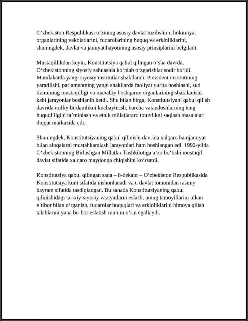 O‘ZBEKISTON RESPUBLIKASI KONSTITUTSIYASINI QABUL QILINISHI VA UNING TARIXIY AHAMIYATI 4