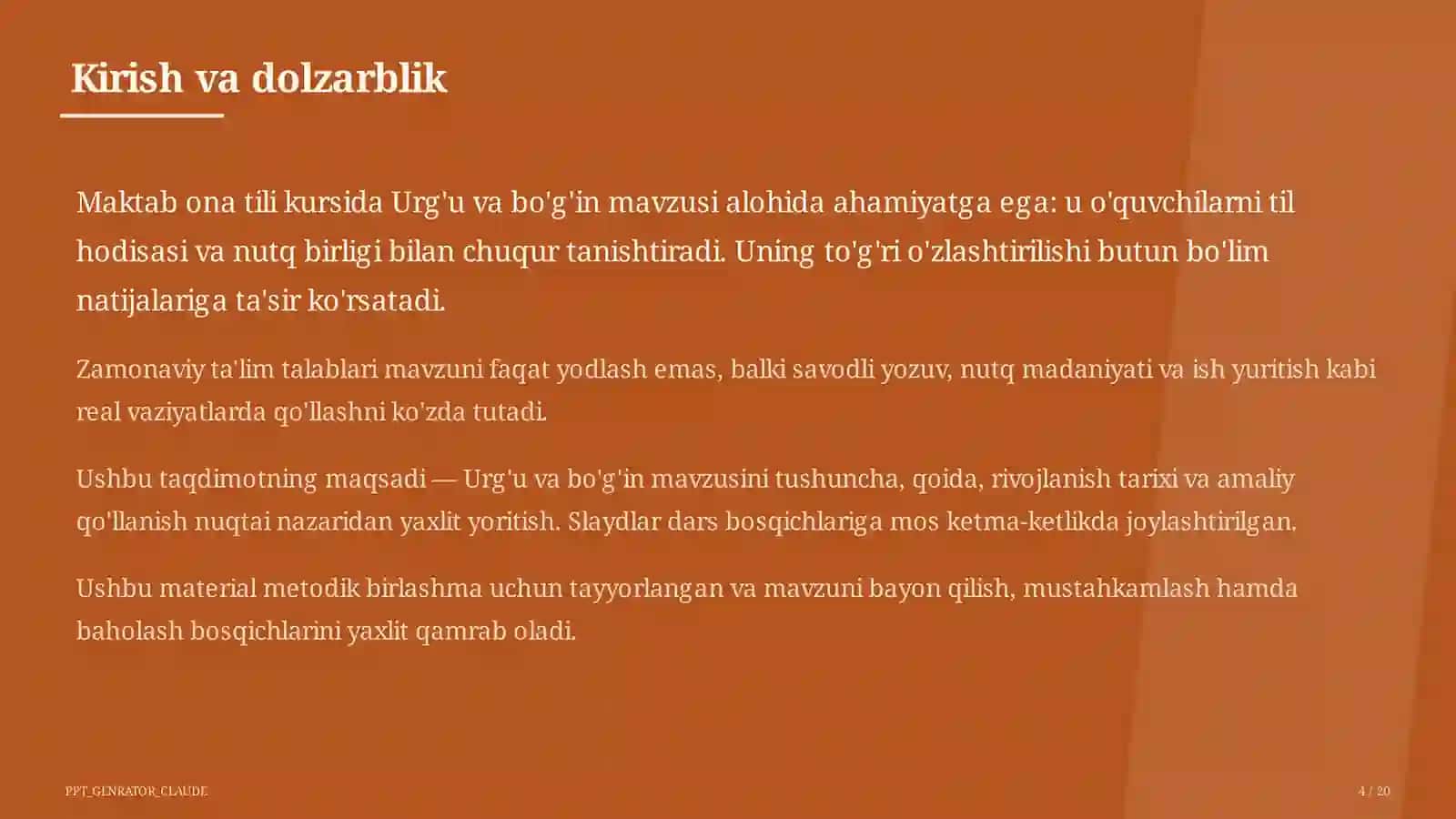 Urg'u va bo'g'in (5-sinf) Ona tili (5–11) — metodik birlashma uchun 4